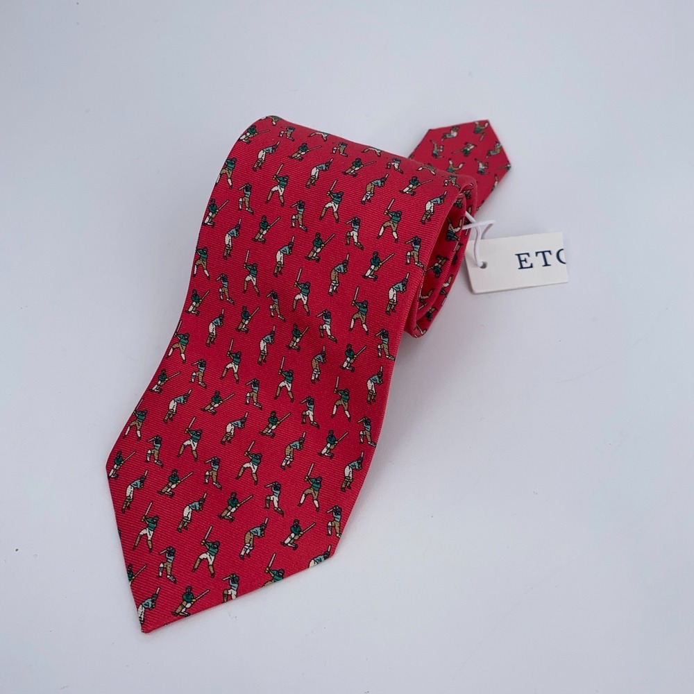 Eton Tie‎ Mens One Size Red Cricket Print Silk Classic Luxury Necktie Italy Made